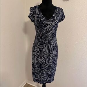 Deep Navy Blue Sheath Midi Dress with Cap Sleeves and V-Neck for Work